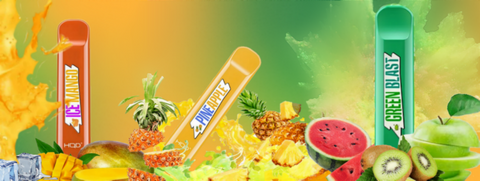 HQD Cuvie disposable vape pen illustration featuring Ice Mango, Pineapple Ice, and Green Blast salt nicotine flavors - 5% strength.