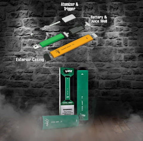 Displays exactly what is inside a buzz barz disposable vape - atomizer & trigger, battery and juice well, exterior casting